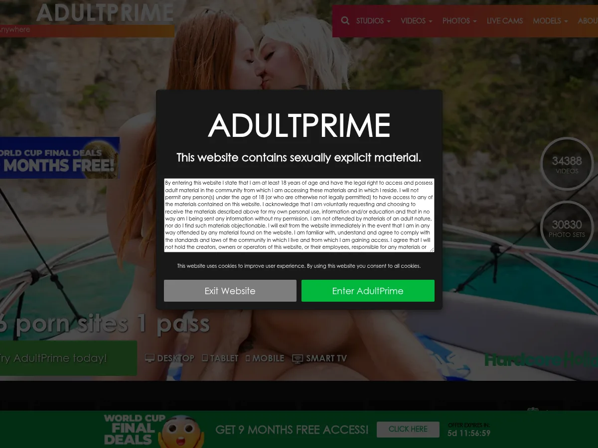 A heavily blurred, censored capture of the AdultPrime homepage — only soft shapes are visible, no explicit or readable content