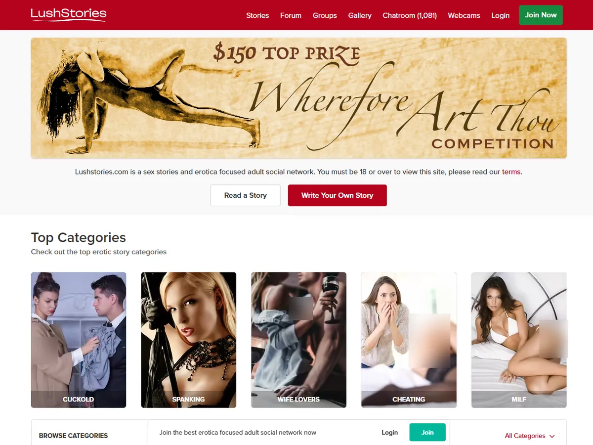 A heavily blurred, censored capture of the Lush Stories homepage — only soft shapes are visible, no explicit or readable content