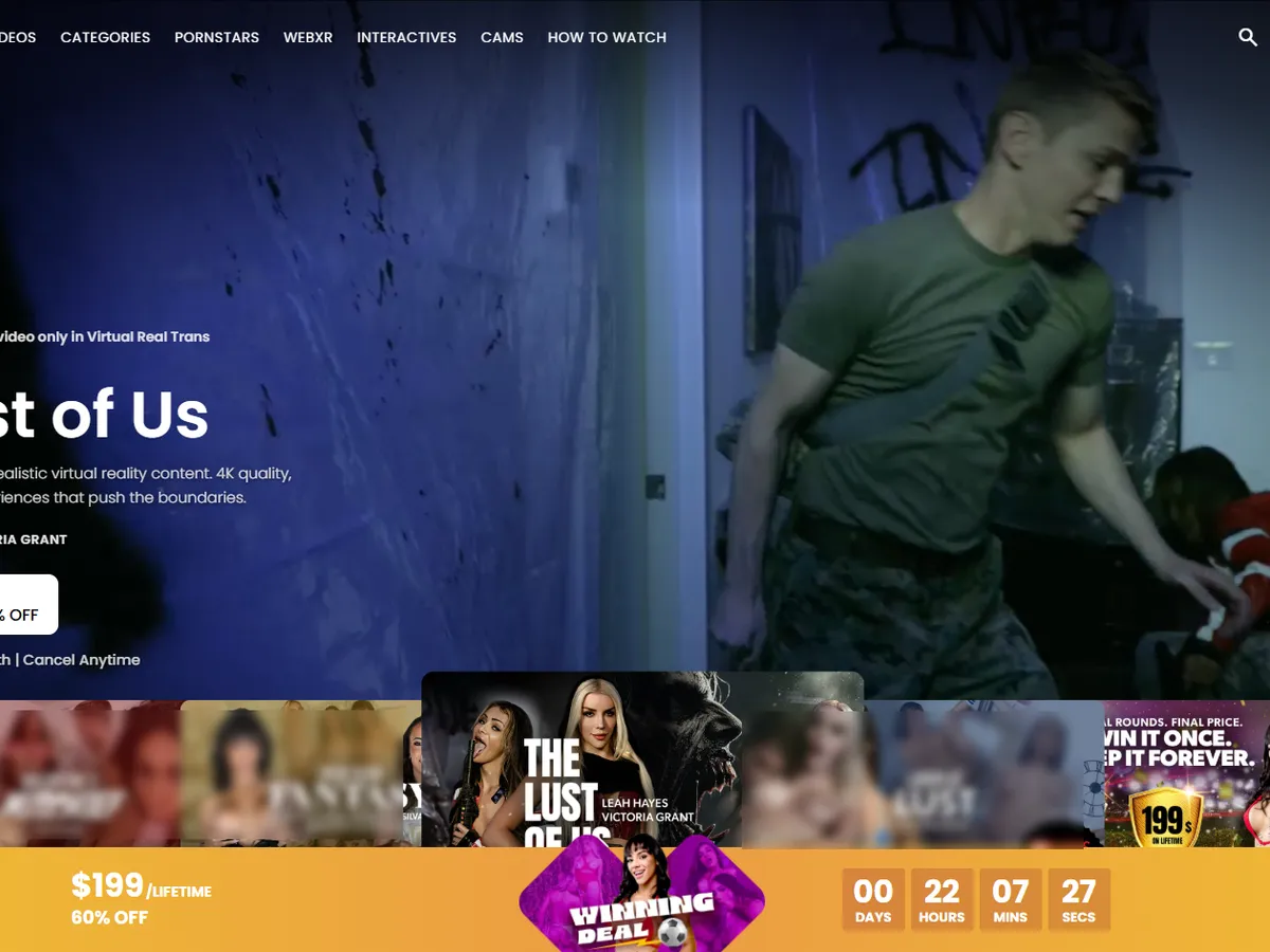 A heavily blurred, censored capture of the VirtualRealTrans homepage — only soft shapes are visible, no explicit or readable content